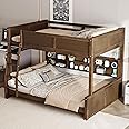 RuiSiSi Full XL Over Queen Bunk Bed with Storage, Modern Wood Bunk Bed with Storage Shelves and USB Ports for Kids Teens Adults, Space-Saving with Ladder, Guardrail, Antique Wood