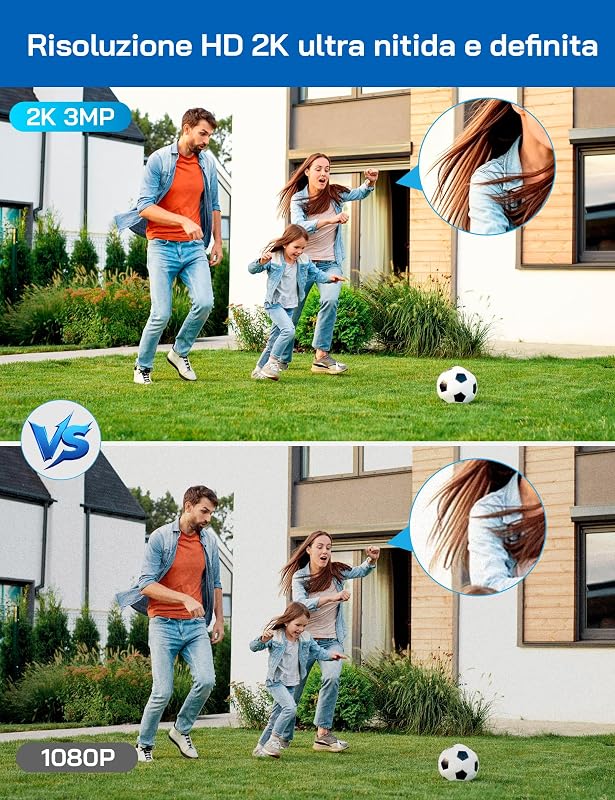 Telecamera di sicurezza esterna 2K 3MP, telecamera WiFi PTZ 360°, visione notturna a colori, rilevamento AI, allarme acustico e luminoso, IP65 resistente alle intemperie, funziona con Alexa e