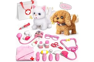 EOHEMERAL 2 Plush Pets Cat & Dog, 36-Piece Vet Doctor Kit for Kids - Toddler Veterinarian Playset with Costume, Doctor and Dental Tools - Educational Pretend Play Toy Gift for Boys & Girls
