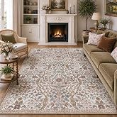 NakedCloud Floral Area Rug 6x9 Botanical Washable Carpet for Living Room | Low-Pile, Non-Slip, Stain Resistant, Washable Khaki Boho Rug, Soft, Non-Shedding, for Bedroom, Dining Room, Office, Nursery