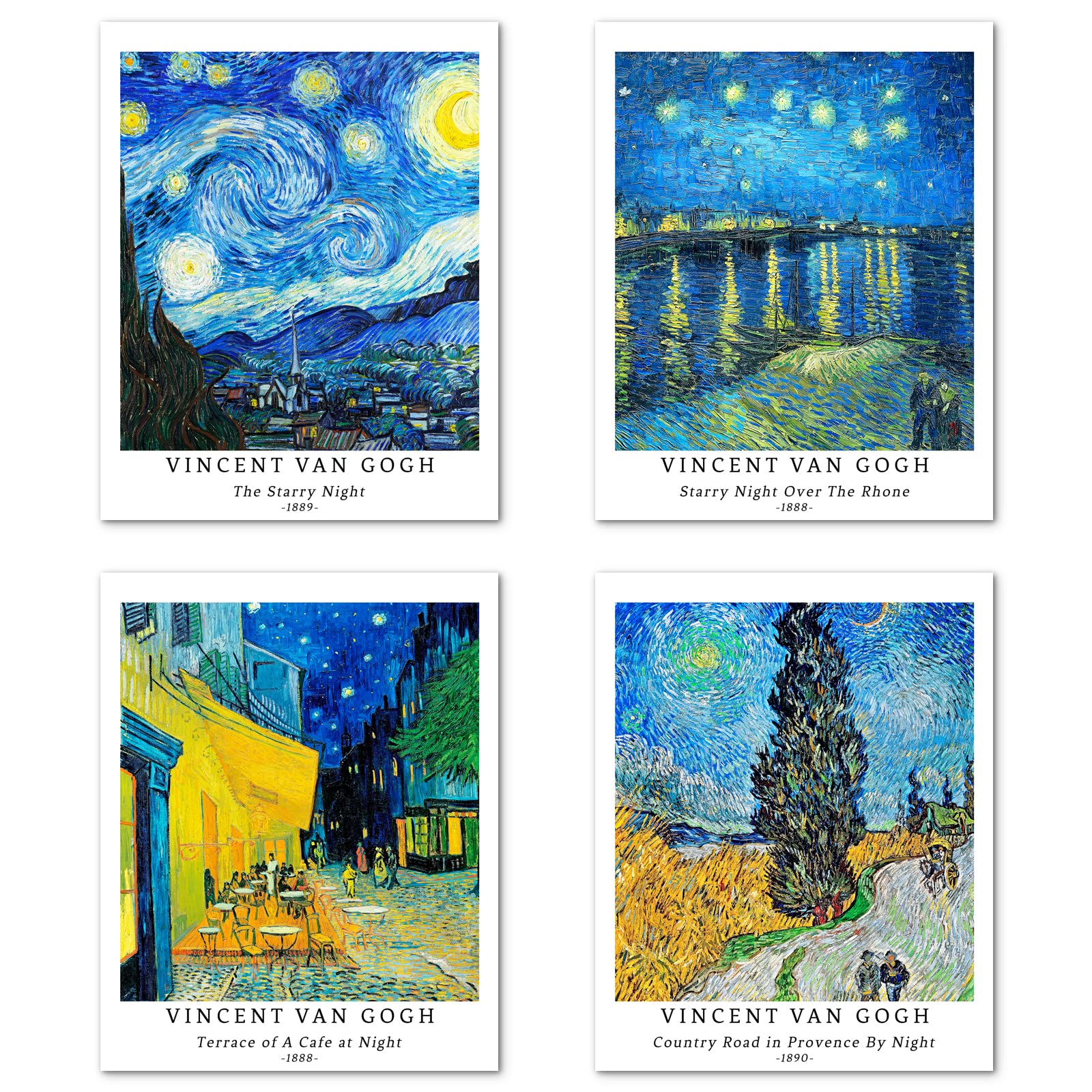 Berkin Arts Wall Art Unframed Prints Giclee Art Paper Set of 4, 11x14 inch Landscape Artwork, Indoor Decoration Teal Starry Night Pop Traditional Painting Vincent Van Gogh Prints