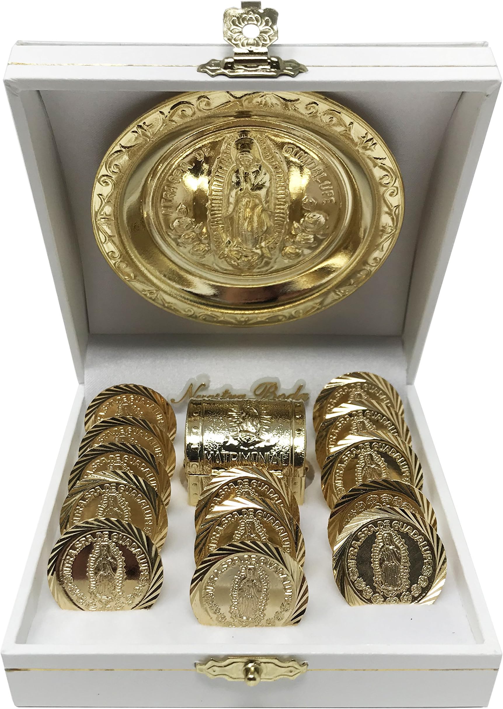 Virgen Morena Wedding Arras (13 pcs) with a Miniature Chest Box, an Our Lady of Guadalupe Medallion and a White Case. Golden - Plated Wedding Unity Coins. Arras de Boda.