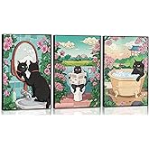 3pcs Funny Bathroom Black Cat Canvas Wall Art Cute Kitten On Toilet Posters Prints Vintage Japanese Cat In A Bathtub And Flowers Pictures Wall Decor for Washroom Bathroom Decoration Unframed