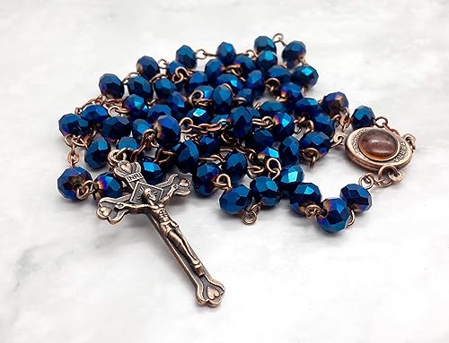 Nazareth Store Deep Blue Crystal Beads Rosary Necklace Catholic