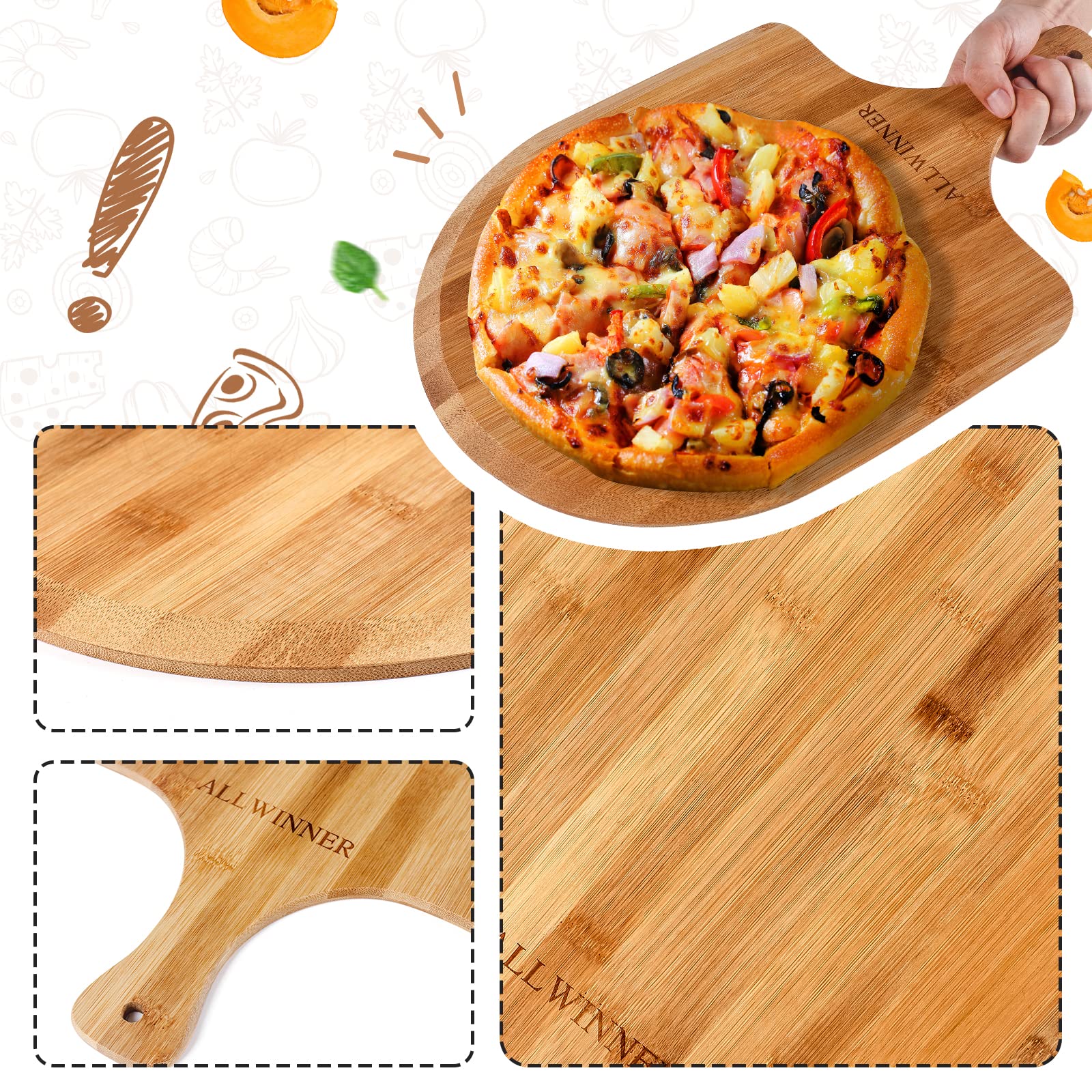 Pizza Peel 12 Inch, 2 Pack Bamboo Pizza Paddle, Wooden Pizza Peels for Making Pizza, Pizza Bread Pie Cutting Board for Kitchen