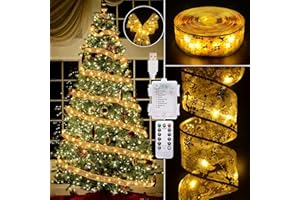 Vimorg Christmas Decorations, 2.5Inch x 33Ft 100 Led Christmas Tree Ribbon Lights with Remote Control, Battery Operated & USB Powered 8 Lighting Modes Fairy String Lights with Timer for Xmas Decor