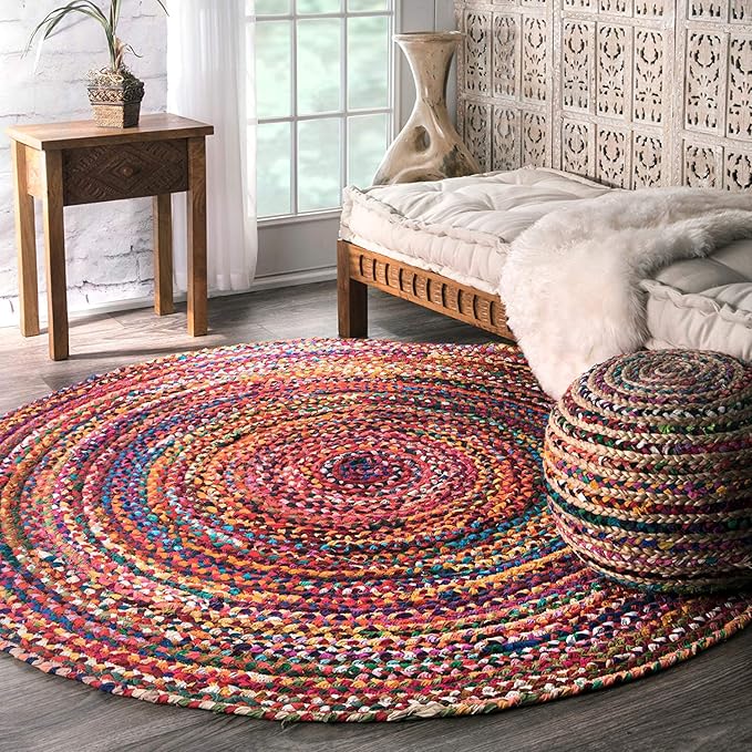 Icrafty Cotton Multi Round Hand Braided Living Room Area Rug (3x3(90x90