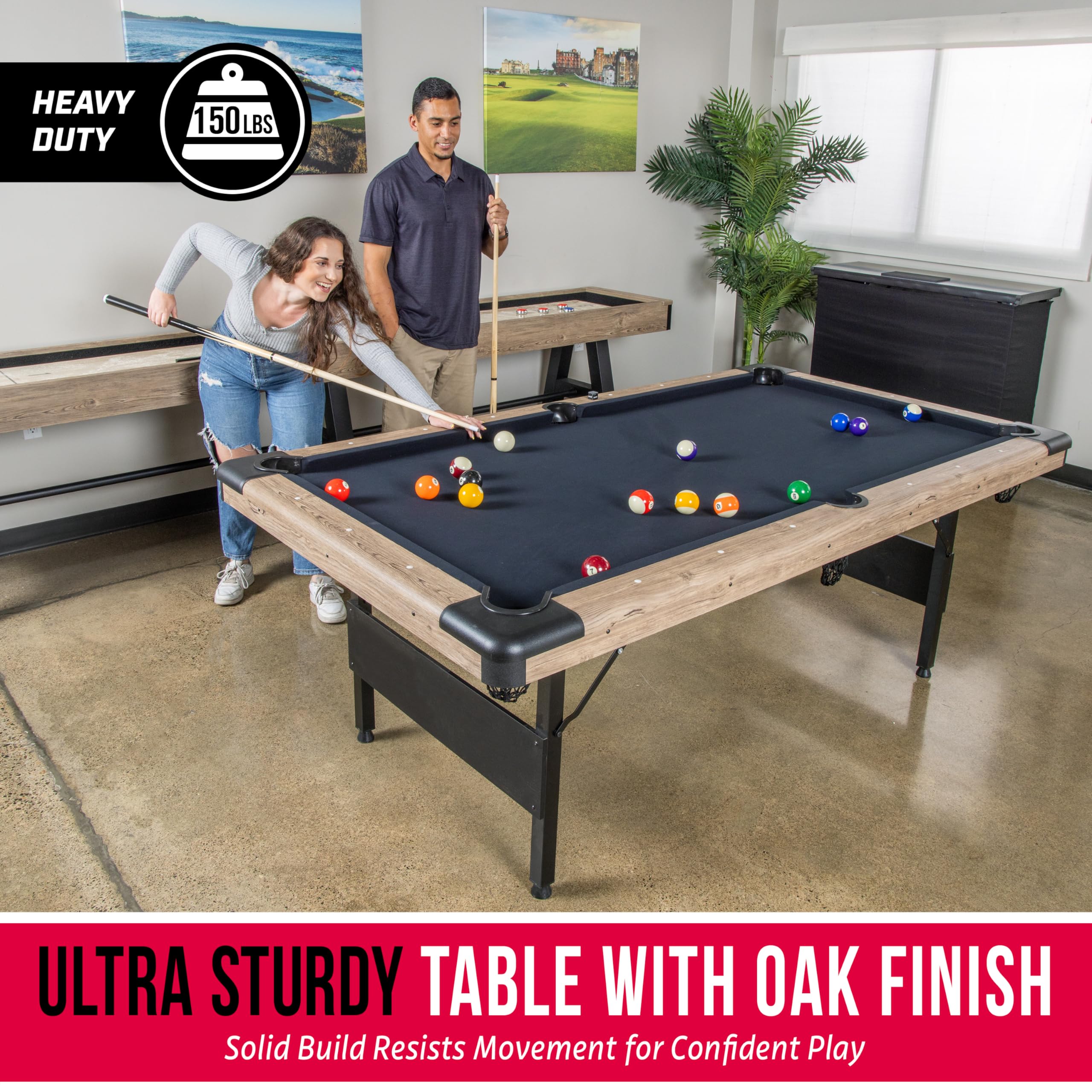GoSports 6, 7, or 8 ft Billiards Tables - No Assembly, Choose Your Color - Portable Pool Table Includes Full Set of Balls, 2 Cue Sticks, Chalk and Felt Brush