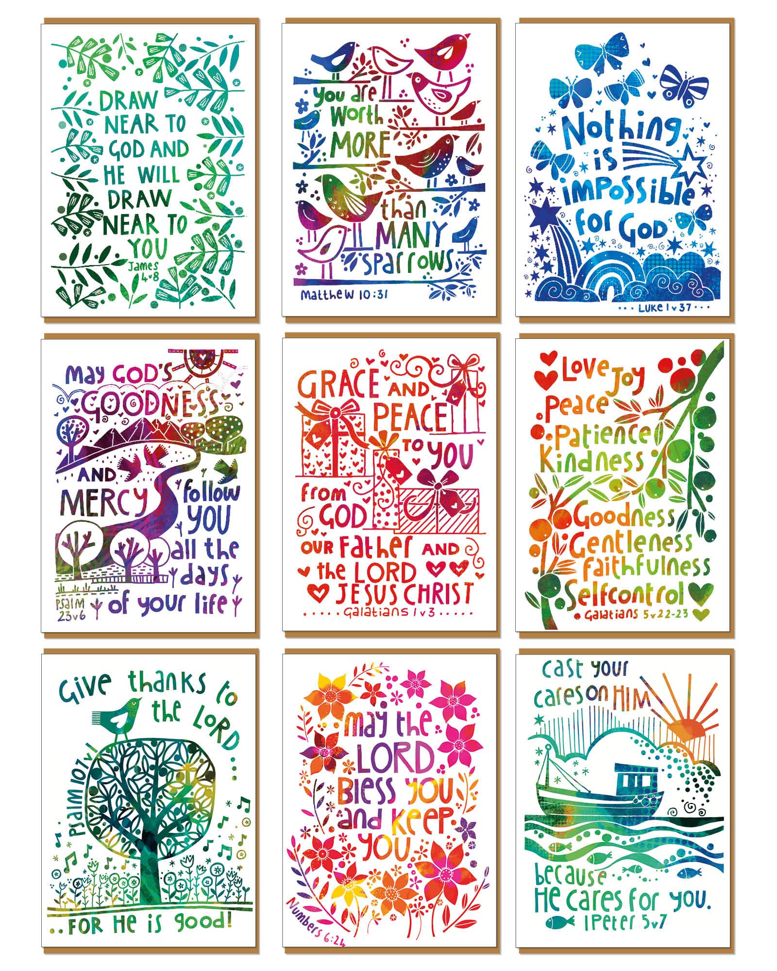 Christian cards for all occasions, 9 designs in this pack of religious cards, blank inside, each with Bible quotes on the front and brown envelopes, by Just Cards Direct.