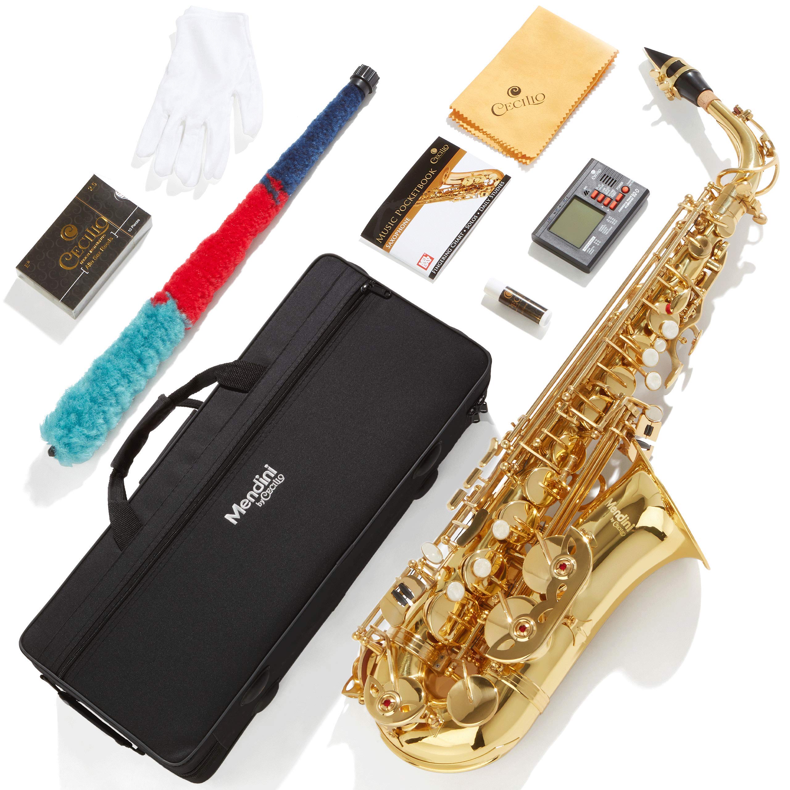 Mendini By Cecilio Eb Alto Saxophone - Instrument Case, Tuner, Mouthpiece, 10 Reeds, Pocketbook, Cloth &amp; Gloves- MAS-L Gold Lacquer E Flat Sax (Saxophone Alto)
