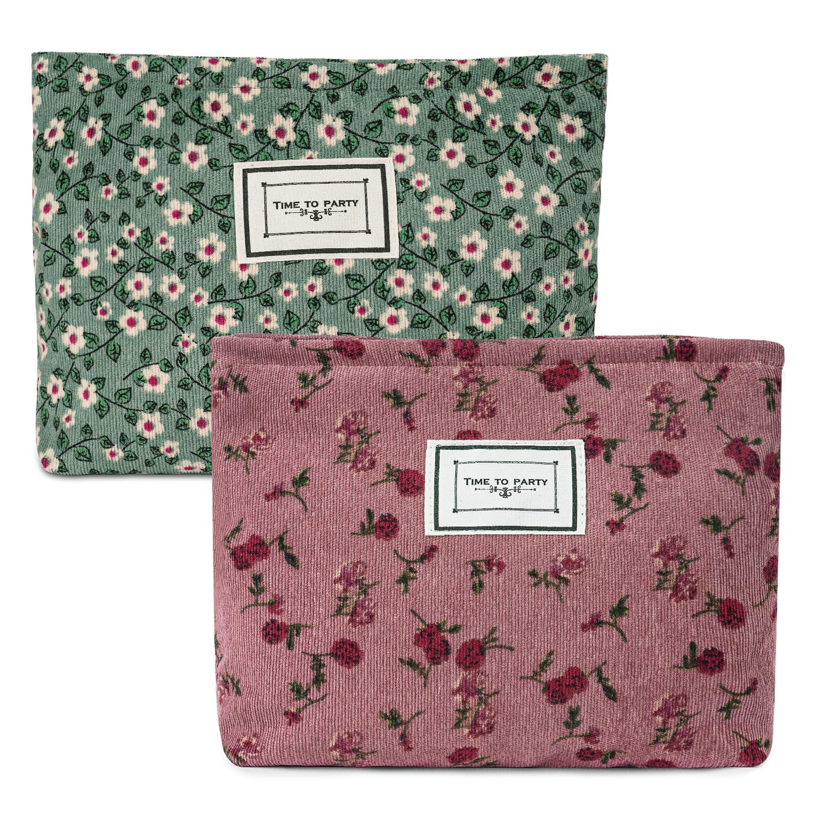 Aucuu Cosmetic Bags, 2 Pcs Small Floral Canvas Cosmetic Bag, Rose Flower Printing Corduroy Toiletry Bag, Multifunctional Travel Makeup Bag with Metal Zipper for Women Girls Gift