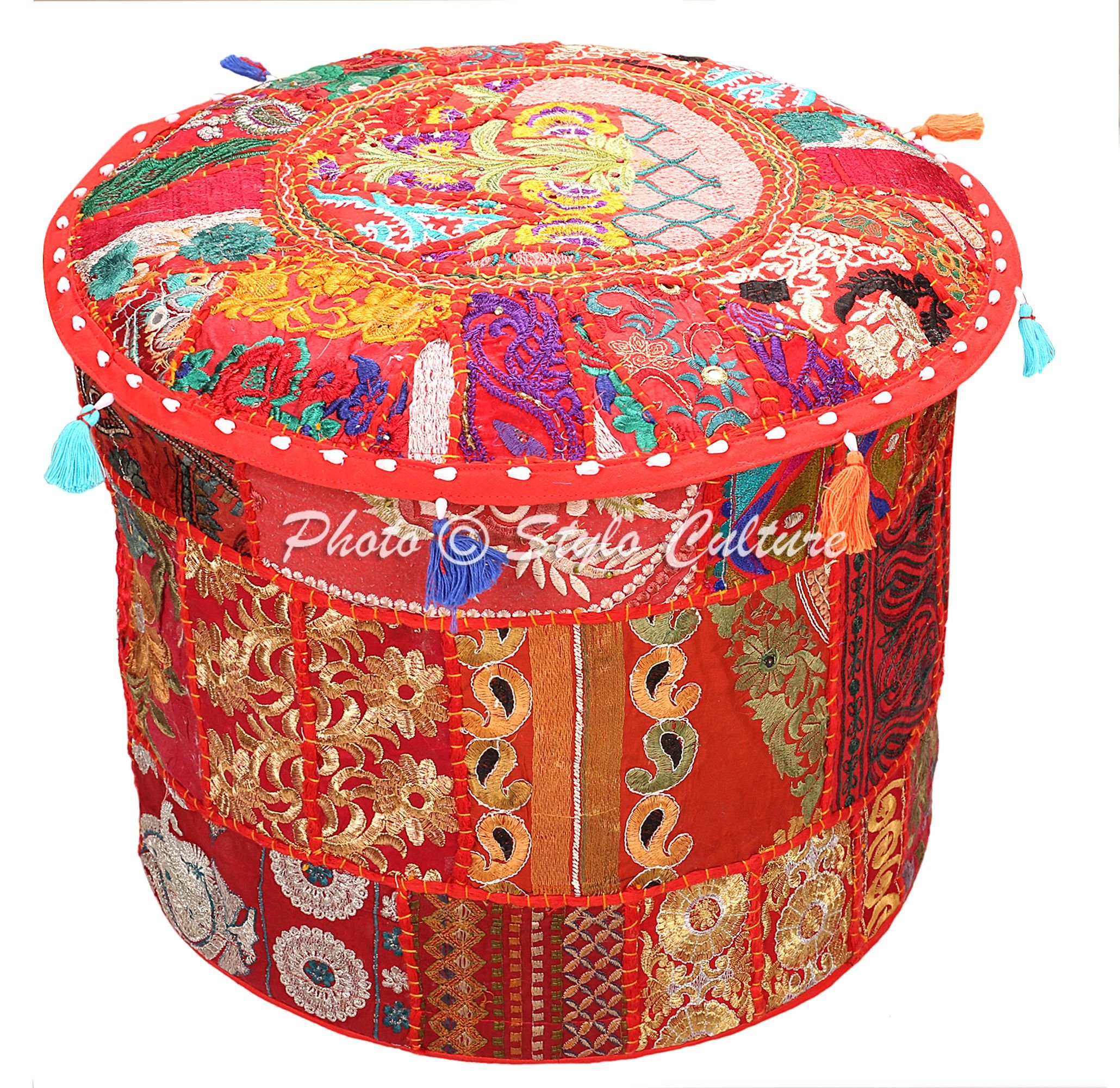 Stylo Culture Pouffe Seat Vintage Cover Red Ethnic Embroidered Patchwork Cotton Traditional Round Fabric Pouf Ottoman Cover (16x16x13 Inch) 40cm (COVER ONLY)