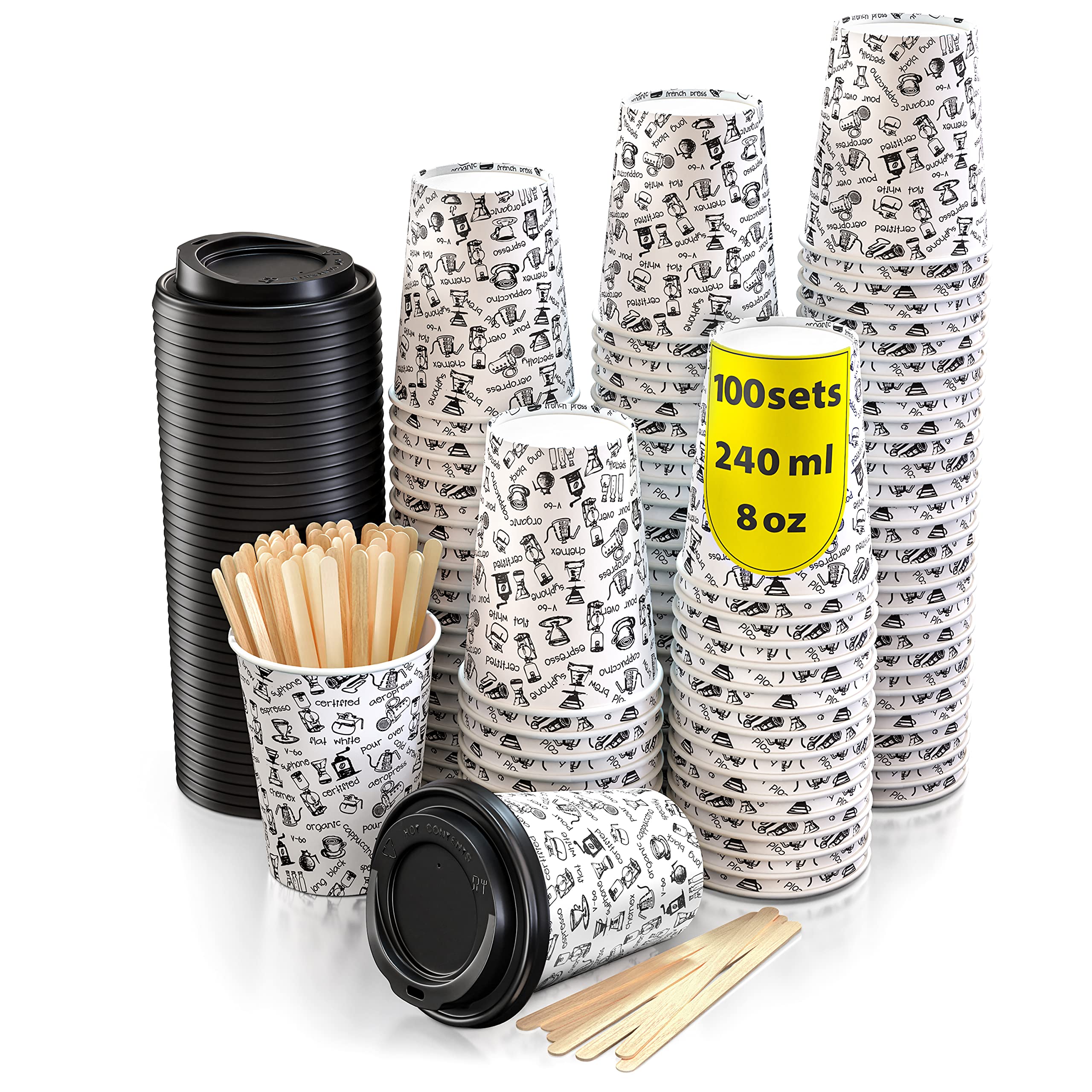 100 Paper Cups Coffee to Go - 8 Onzes Coffee Cups with Lids and Wooden Stirrers for Serving Coffee, Tea, Hot and Cold Drinks