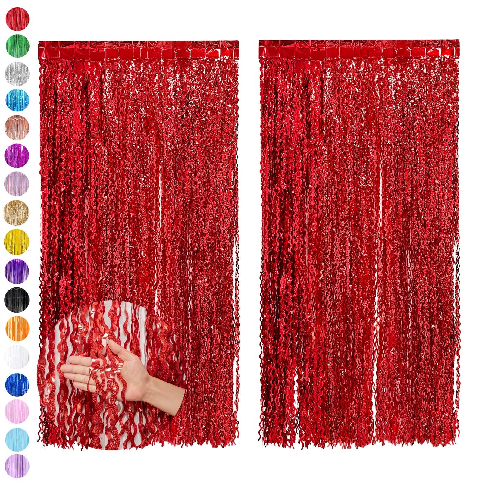 2pcs 3.2ft x 6.5ft Red Foil Curtain Decorations,Christmas Tinsel Curtain Party Backdrop Glitter,Red Laser Foil Fringe Streamers Metallic Tinsel Door Hanging Foil Flow Silk Streamers for Holiday Party