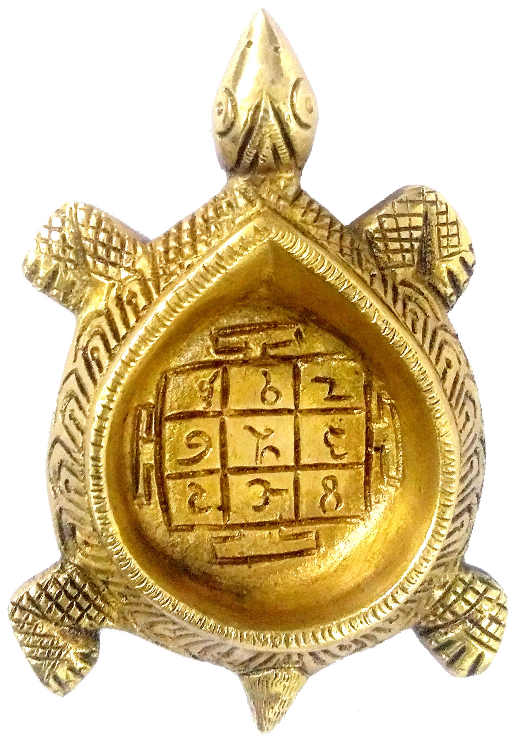 Purpledip Brass Tortoise Diya with Lo Shu Magic Square: Holy Oil Lamp Deepam; Feng Shui Vastu Good Luck Light (11570A)
