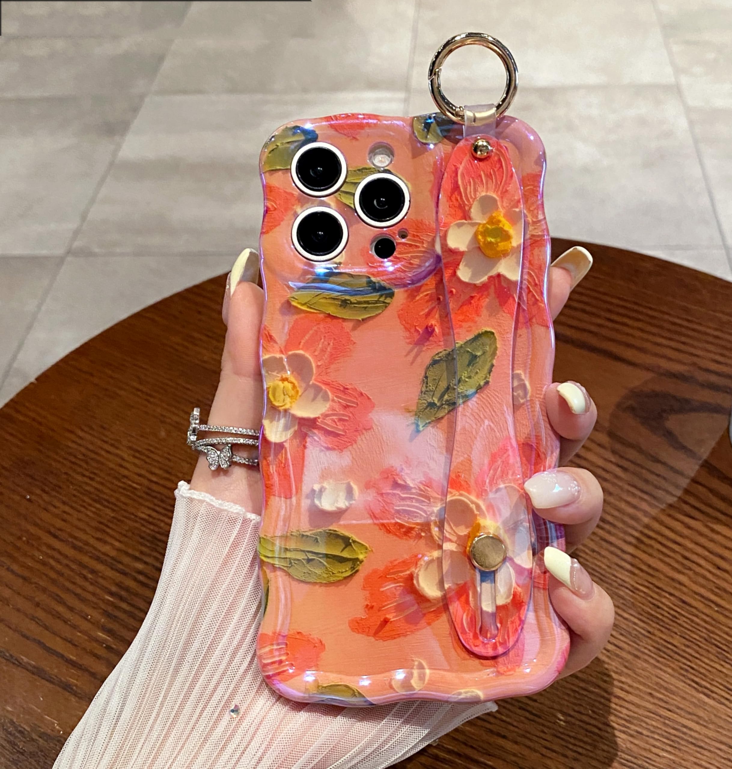 UEEBAI for iPhone 14 Pro Case, Oil Painting Flower Case with Phone Grip Pretty Glossy Wave Cover Cute Floral Curly Cover with Phone Finger Strap Stand for Women Girl, Pink White