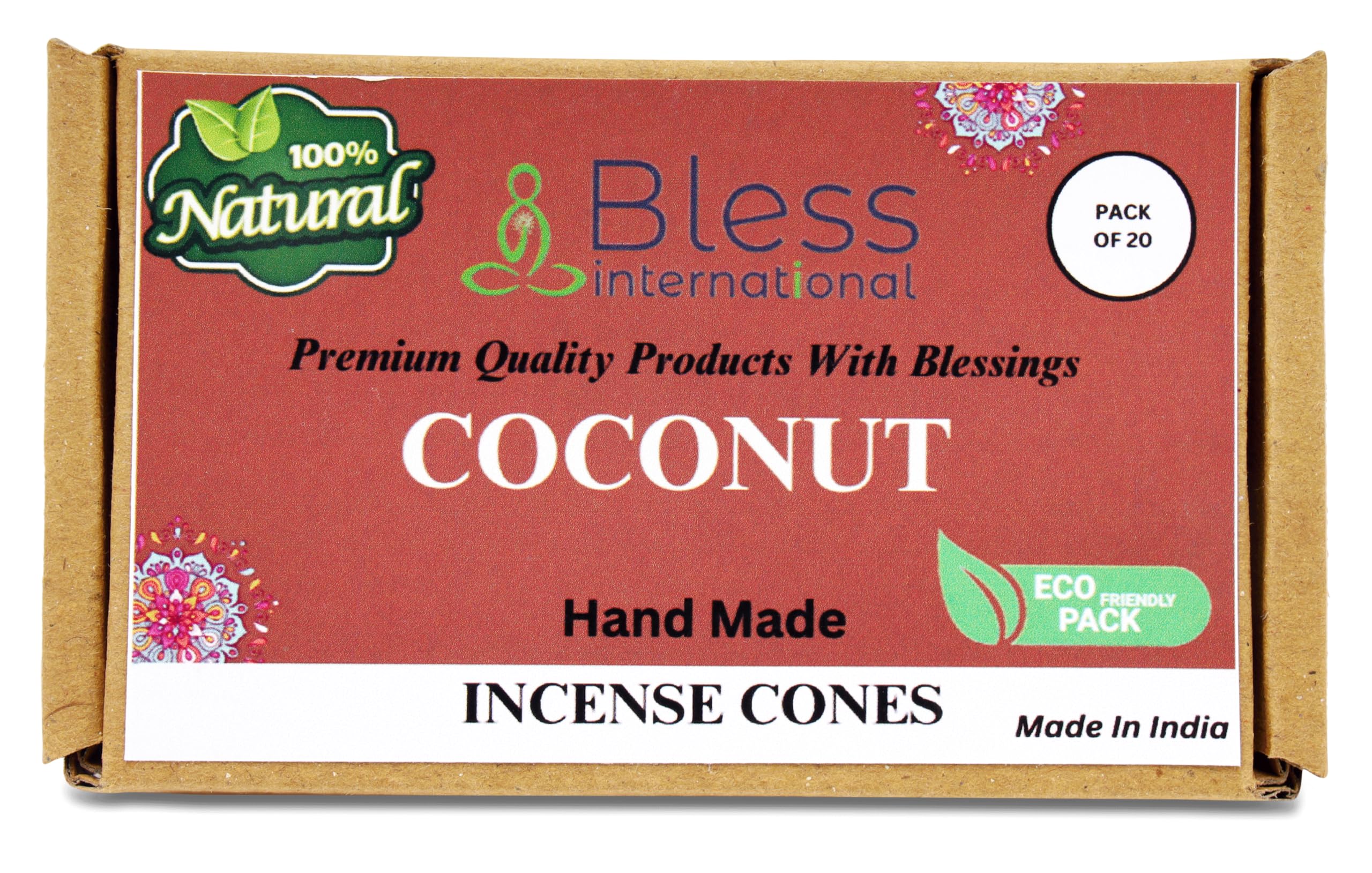 Bless International Coconut 100%-Natural-Incense-Cones Handmade-Hand-Dipped Organic-Chemicals-Free for-Purification-Relaxation-Positivity-Yoga-Meditation The-Best-scents (20 Count)