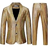 ZEROYAA Men's Metallic Shiny Suits Disco Sequin Blazer and Pants 2 Piece Sets for Party Prom