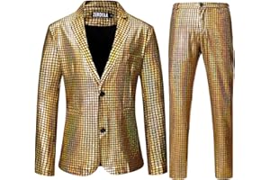 ZEROYAA Men's Metallic Shiny Suits Disco Sequin Blazer and Pants 2 Piece Sets for Party Prom