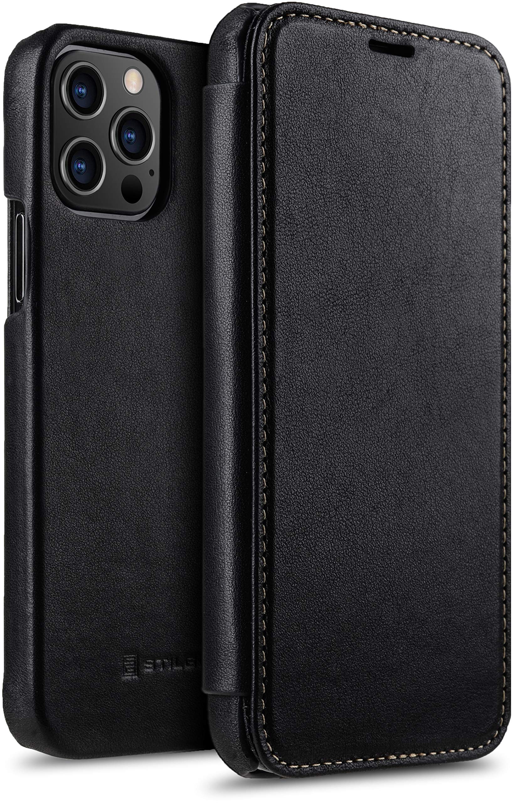 StilGut Book Type Flip Case for iPhone 12 Pro Max (6.7"), Genuine Leather iPhone 12 pro Max case, Black Nappa — image 1