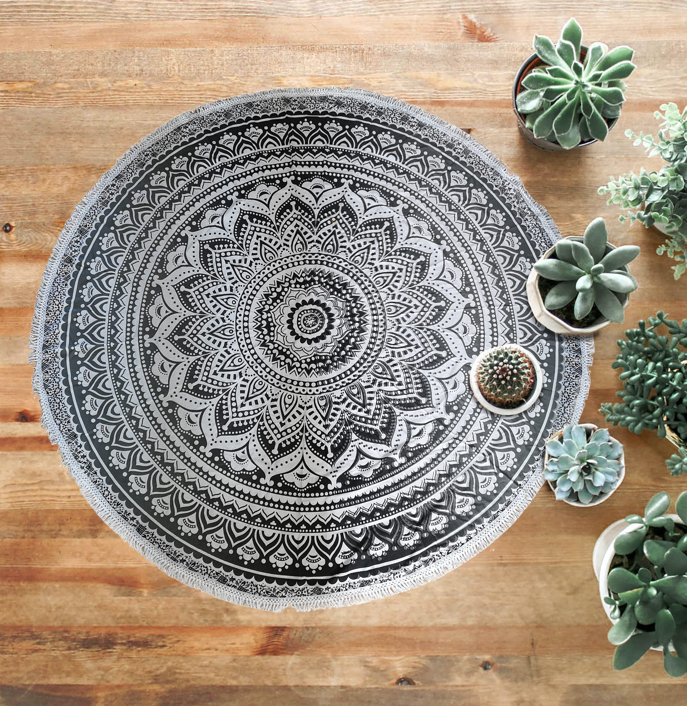 AVA Collections Large COTTON ROUND Mandala Beach Roundie Throw Tapestry Grey Mandala Tapestry Décor Yaga Mat Meditation Oversize Picnic Rug [72" inches] (G)