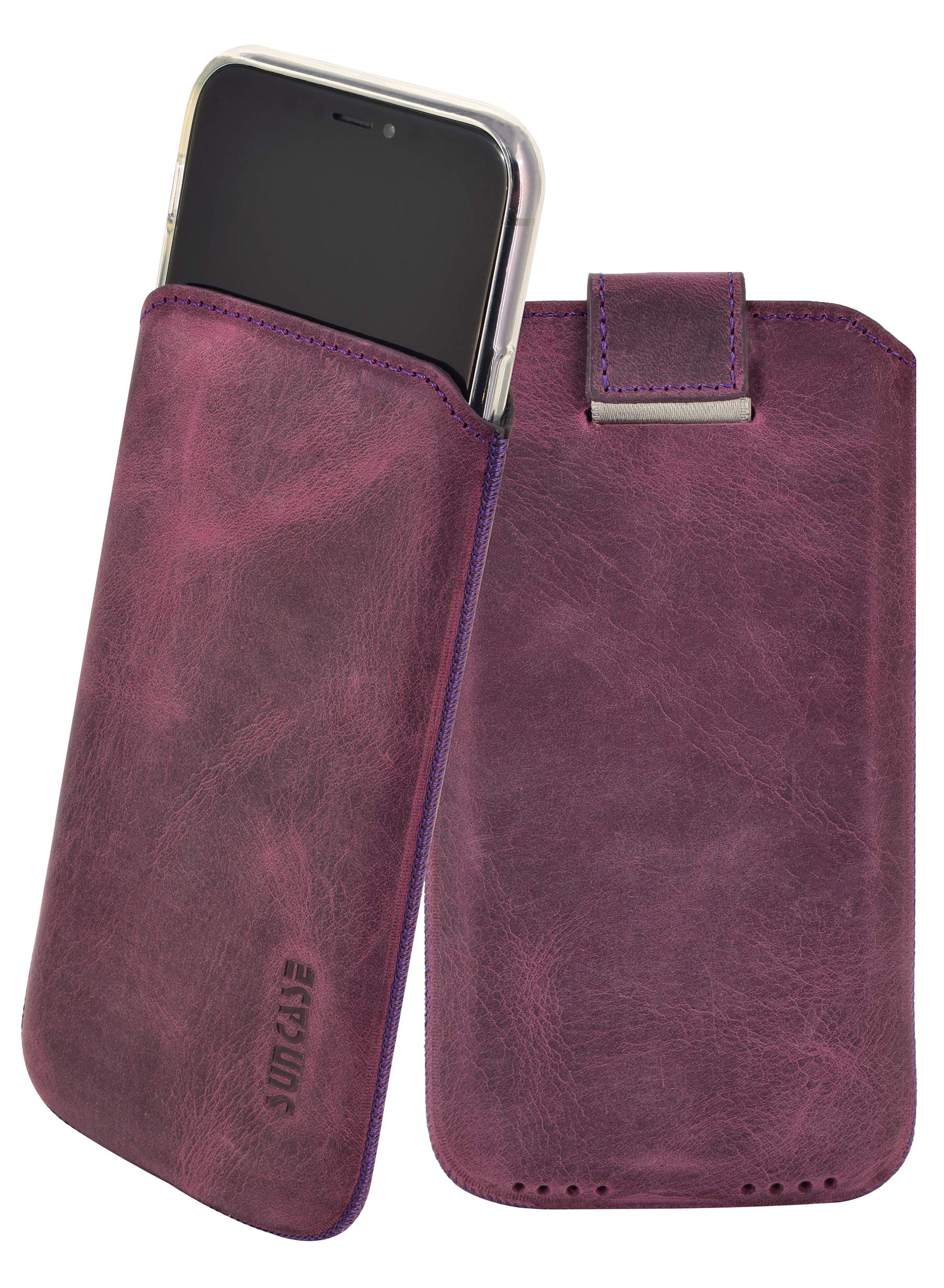 Suncase Case Compatible with iPhone 11 Pro (5.8 Inches) with Additional Case / Shell / Bumper / Silicone *Pull Up Tab Feature * Mobile Phone Leather Protective Case in Antique Purple
