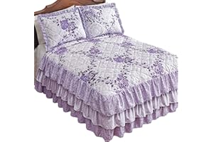 Collections Etc Lavender Floral Trellis Ruffled Bedspread - Medallion Printed Background, Quilted Top, 3 Tiers of Coordinating Ruffles - Machine Washable, Polyester - Twin, Full, Queen, King