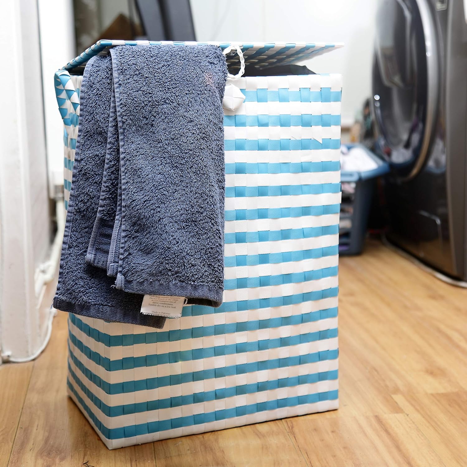 ARPAN Blue & White Laundry Basket with Lid, 44L Washing Basket, Polypropylene Laundry Bin Hamper with Handles - Image 3