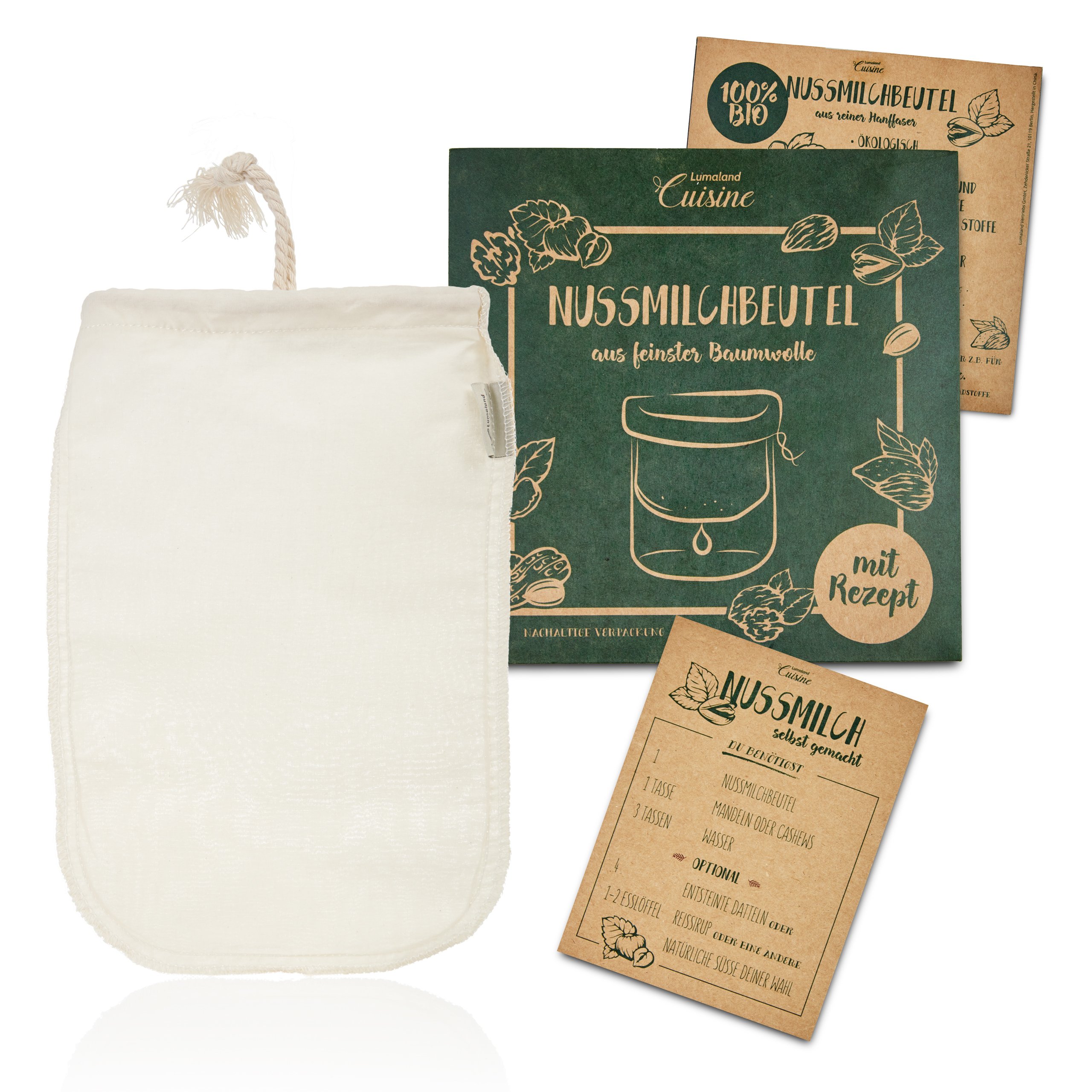 Lumaland Cuisine Pure Fibre nut Milk Bags for Vegan nut Milk Production Including Recipe in Sustainable Packaging Cotton