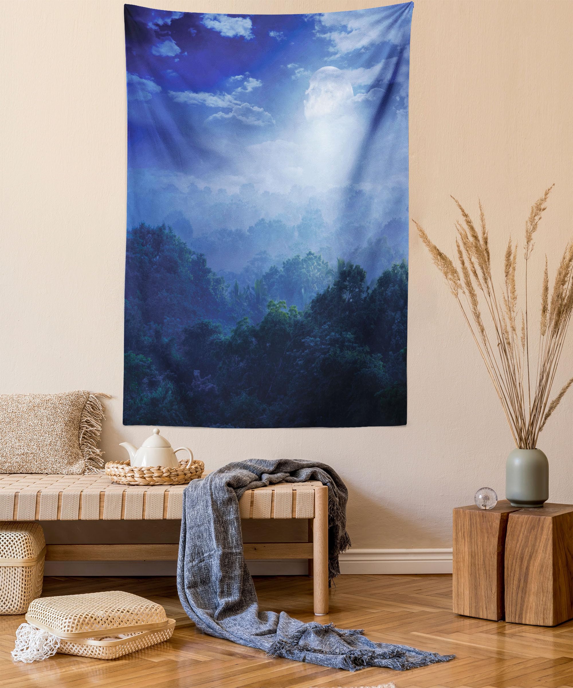 ABAKUHAUS Fantasy Tapestry, Moonlight Covers the Jungles of Sri Lanka Hazy Rainforest Scenery View Image, Fabric Wall Hanging Decor for Bedroom Living Room Dorm, 54 W X 90 L, Green and Blue