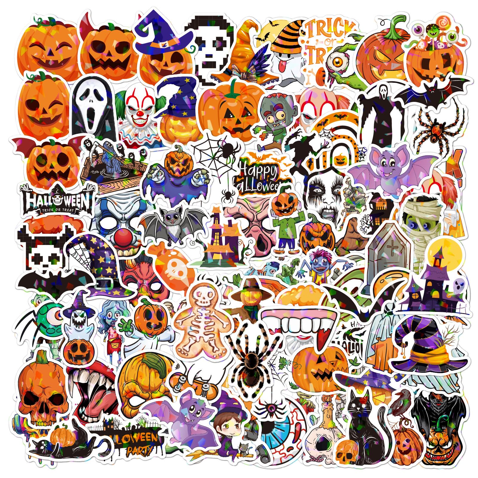 Eowppue 100 Pcs Holographic Laser Halloween Stickers Trendy Waterproof Decals for Luggage, Party Decorations, Themed Events; Versatile Use on Water Bottles, Skateboards, Tablets, Phones