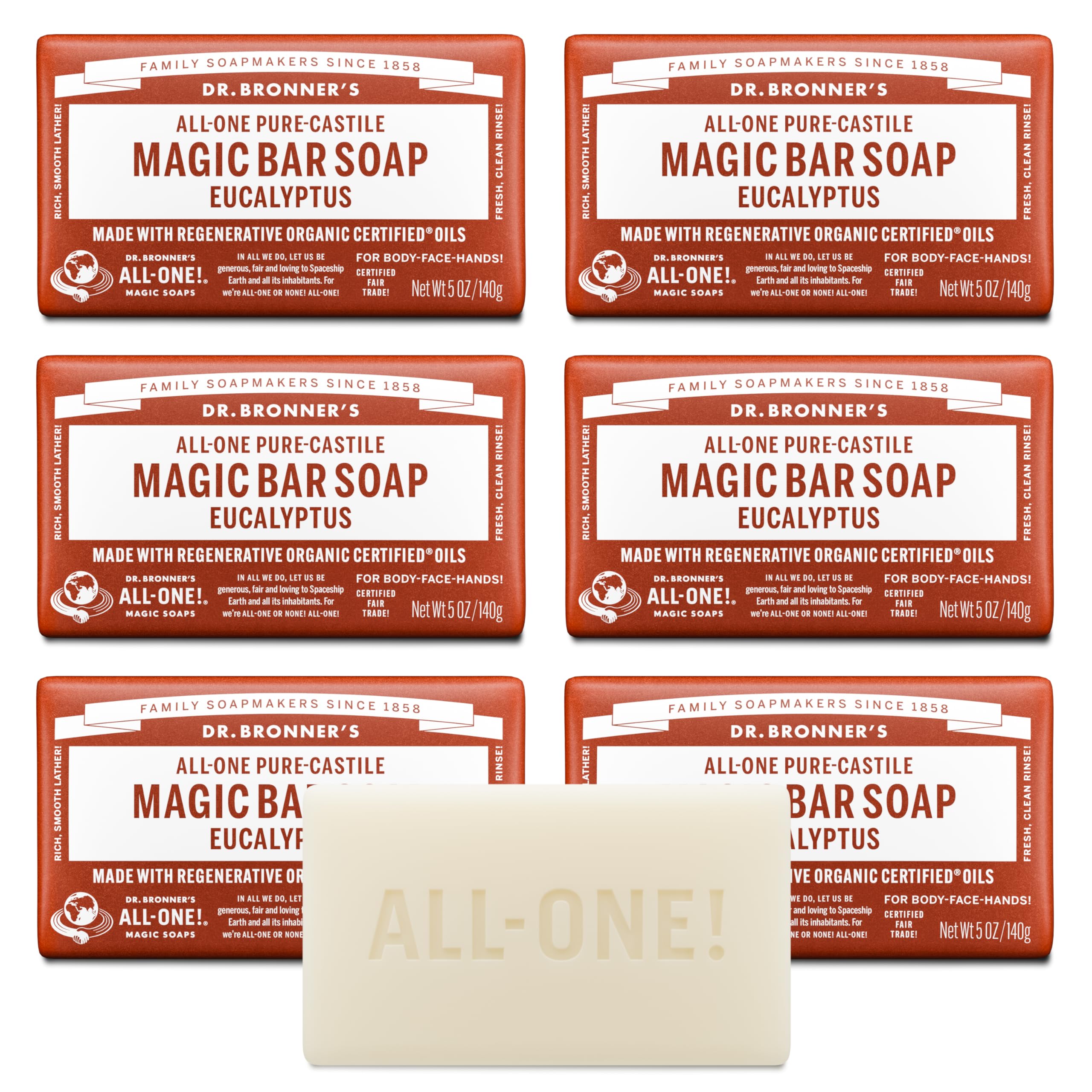 Dr. Bronner's Magic Soaps Pure-Castile Soap, All-One Hemp Eucalyptus, 5-Ounce Bars (Pack of 6)