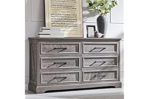 ACCOHOHO Farmhouse 6 Drawer Dresser for Bedroom, 52 Inch Wide Modern Dresser TV Stand with Large Drawers & Bar Handles, Rustic Wood Chest of Drawers for Bedroom, Living Room, Hallway, Grey