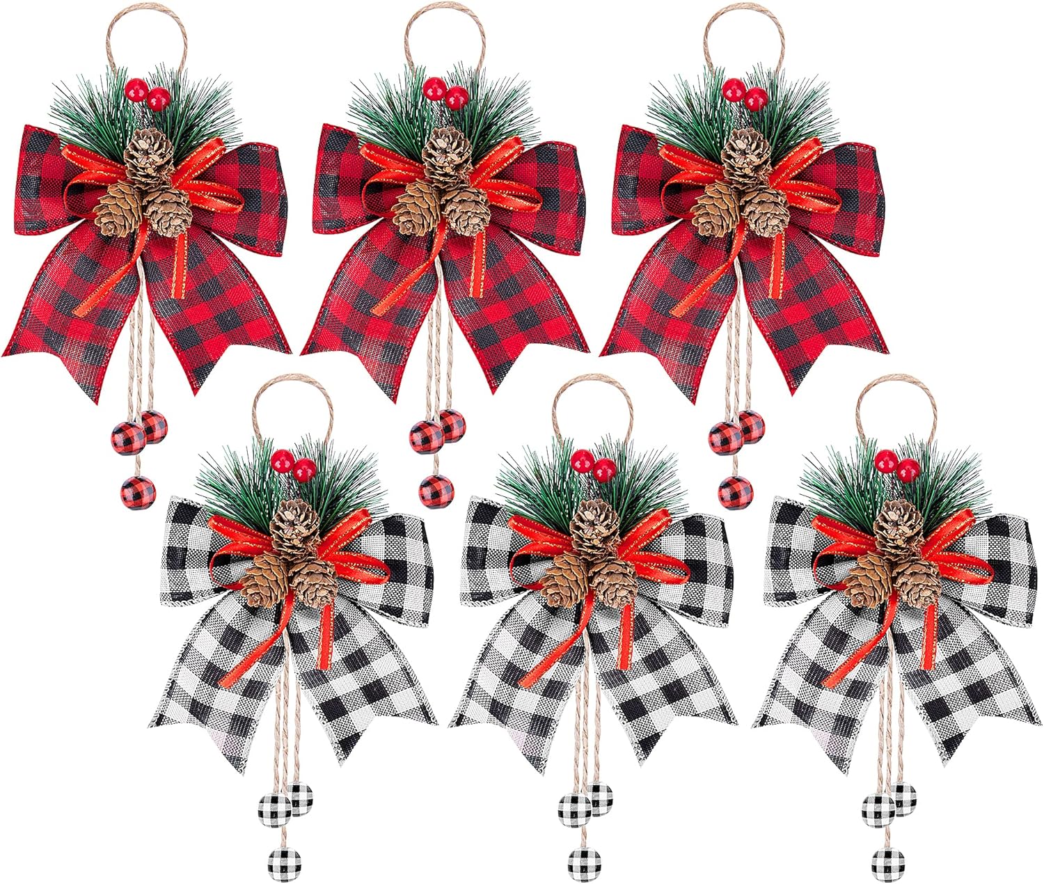Bows & Ribbons - 6 Pieces Christmas Burlap Plaid Bow with Pine Cones Pine Needles- Large Christmas Buffalo Plaid Bow-Christmas Wreath Bow Buffalo Check Bow -Xmas Decorative Bow for Christmas Tree Crafts DIY Decor