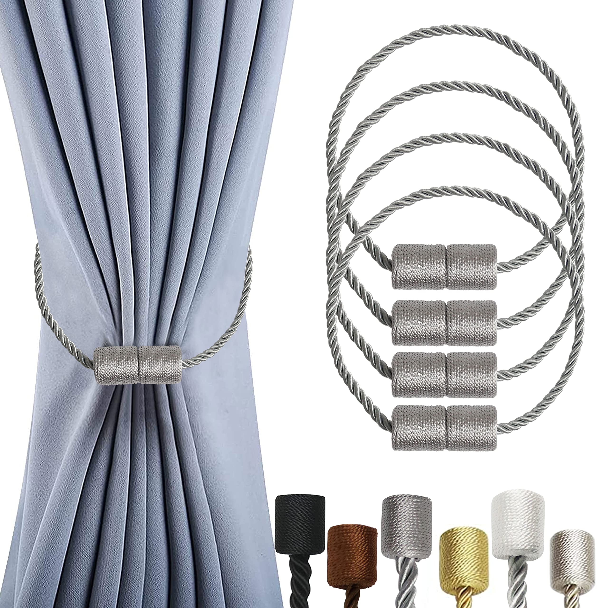 OCIOLI 4 Pack Magnetic Curtain Tiebacks Curtain Holdbacks Curtain Tiebacks Curtain Ties with Thicker Twist Rope & Strong Magnet Tie Backs for Curtains (Grey, 4)