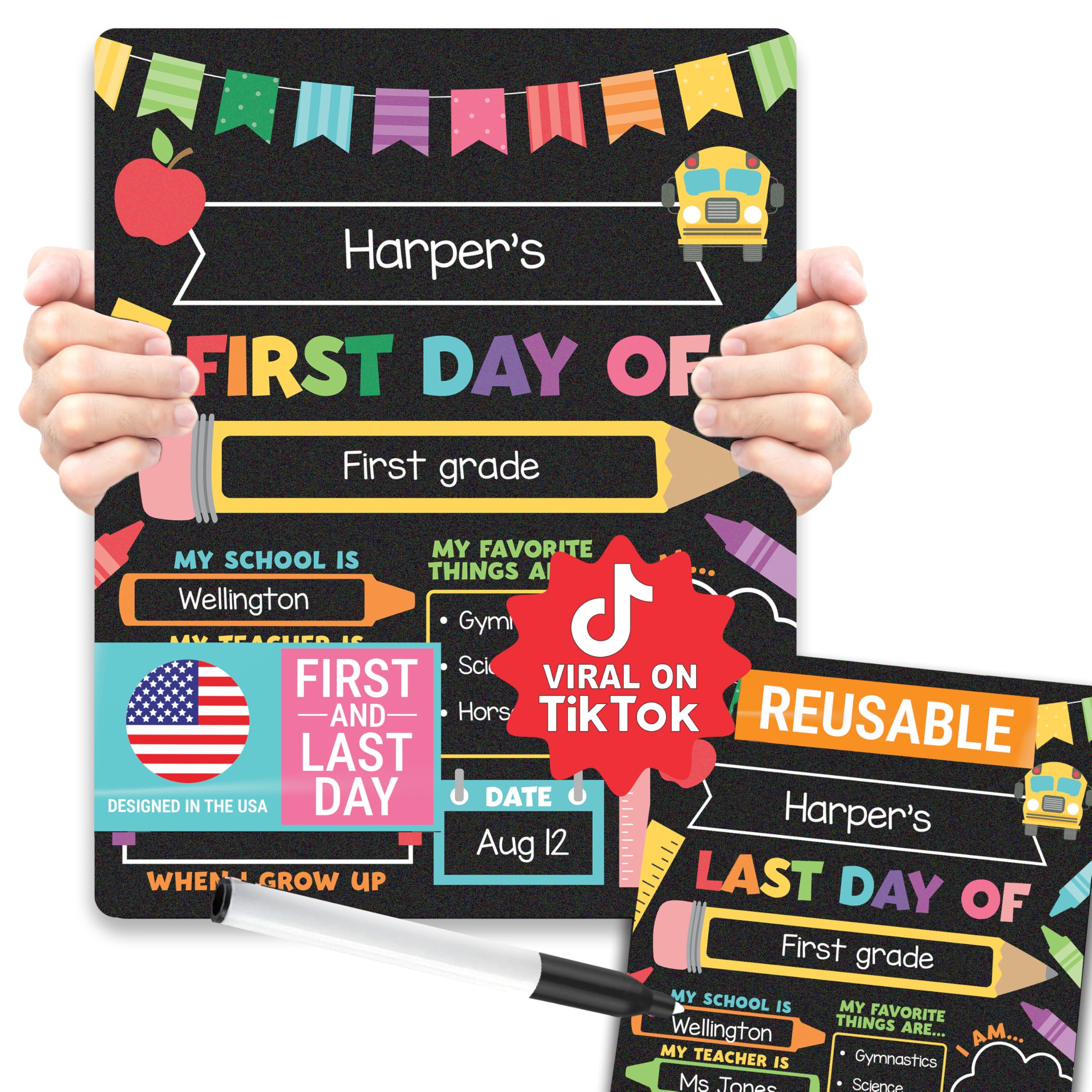 Photo 1 of My First Day of School Sign with Markers -11x14 Back to School Signs First and Last Day, Kindergarten Chalkboard Signs, Pre K Sign Board, Preschool Board, Reusable Photo Prop for Kids
