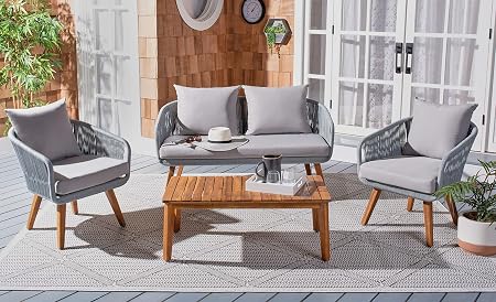 Amazon Com Safavieh Pat7073c Outdoor Prester Rope 4 Piece Seat Cushions And Pillows Included Patio Set Grey Grey Garden Outdoor