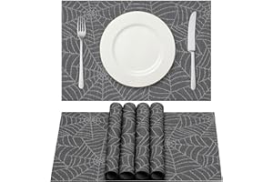 AHHFSMEI Halloween Placemats Set of 6 for Dining Table Washable Woven Vinyl Non-Slip Placemat Heat-Resistant Durable Table Mats for Dining Table Easy to Clean (Grey Cobweb)