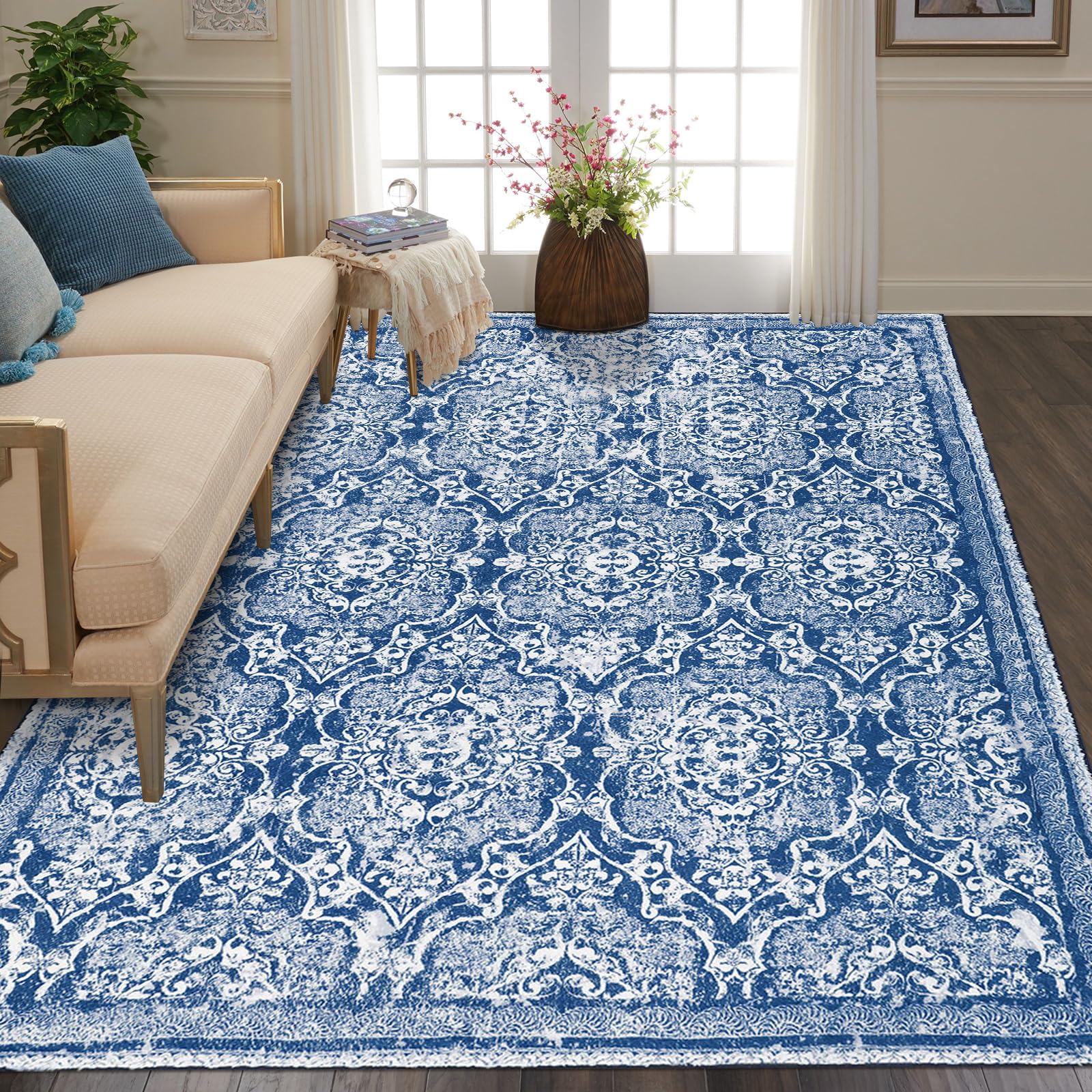 Vaukki Living Room Rug, Vintage Shaggy Soft Laundry Rug, Non Slip Kitchen Area Mat, Washable Farmhouse Bedroom Area Carpet for Bathroom, Kitchen and Kidsroom (4'x6', Blue) Image