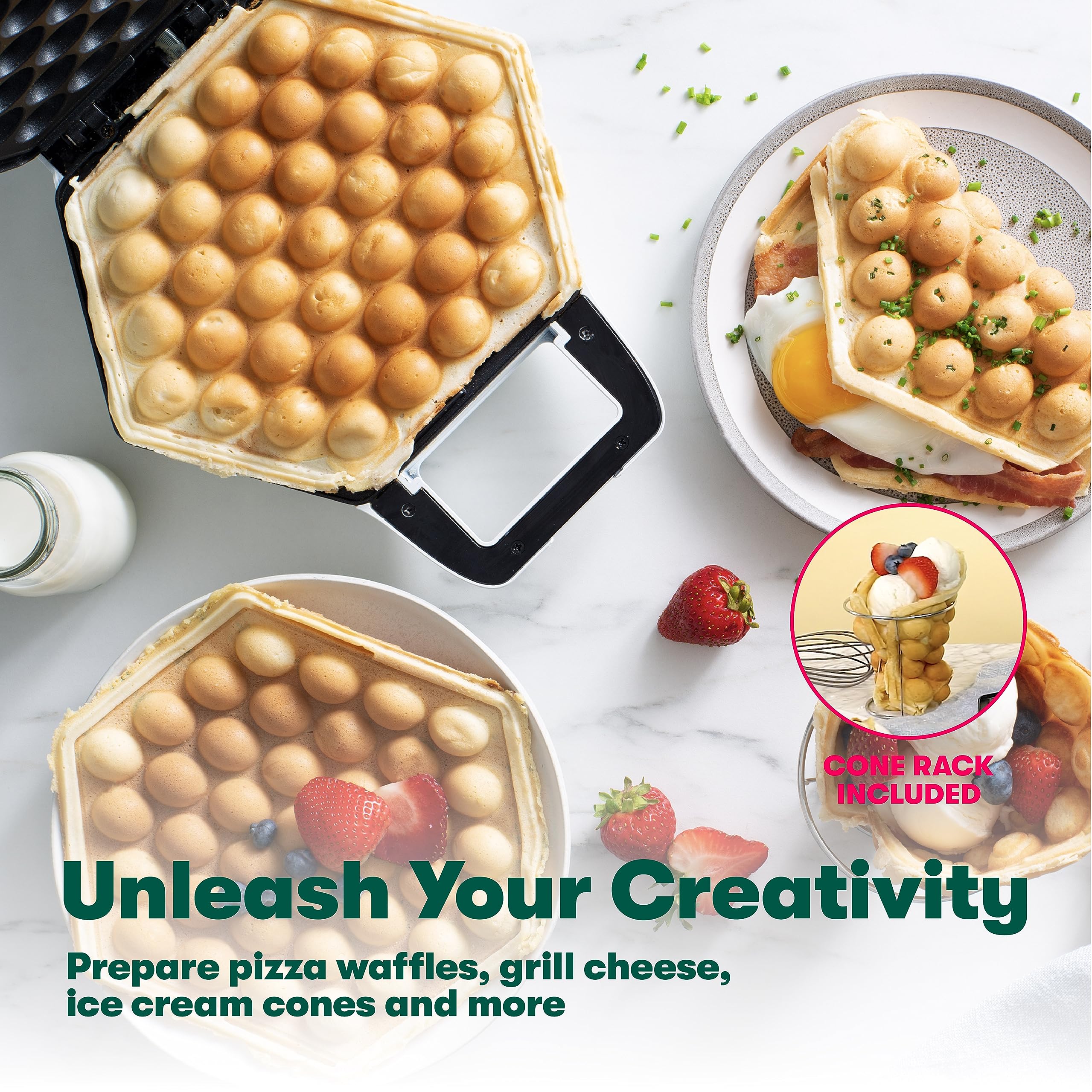 BELLA 17175 Bubble Maker w, Rapid Quickly Make Fluffy 9” Authentic Hong Kong Breakfast or Dessert, Healthy-Eco Non Stick Coating, Easy to Clean Waffle Iron, 120 Volts, Cone Rack Included, White
