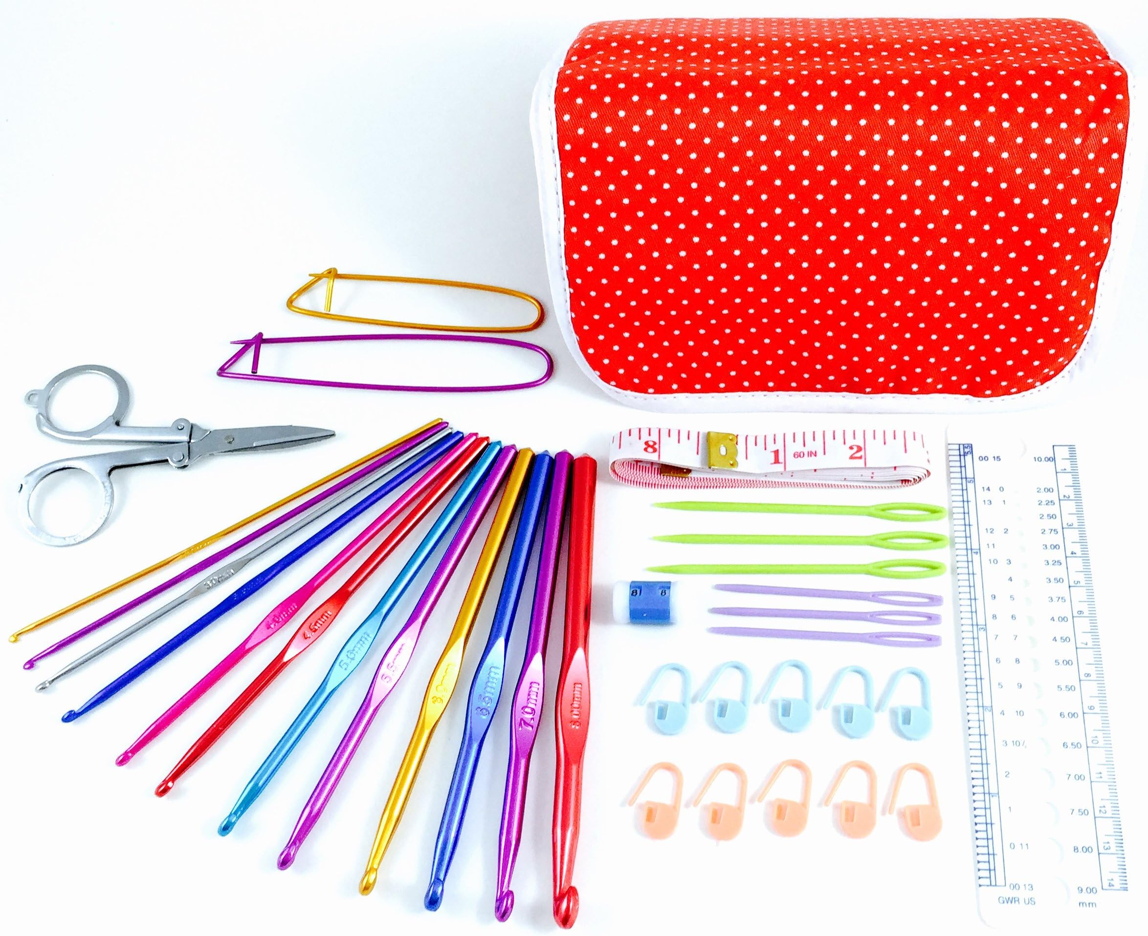 ULTIMATE STARTER CROCHET TOOL KIT The Best Crochet Kit to Learn How to Crochet or Amigurumi. 35 Pieces including a custom carrying case [RED POLKA]