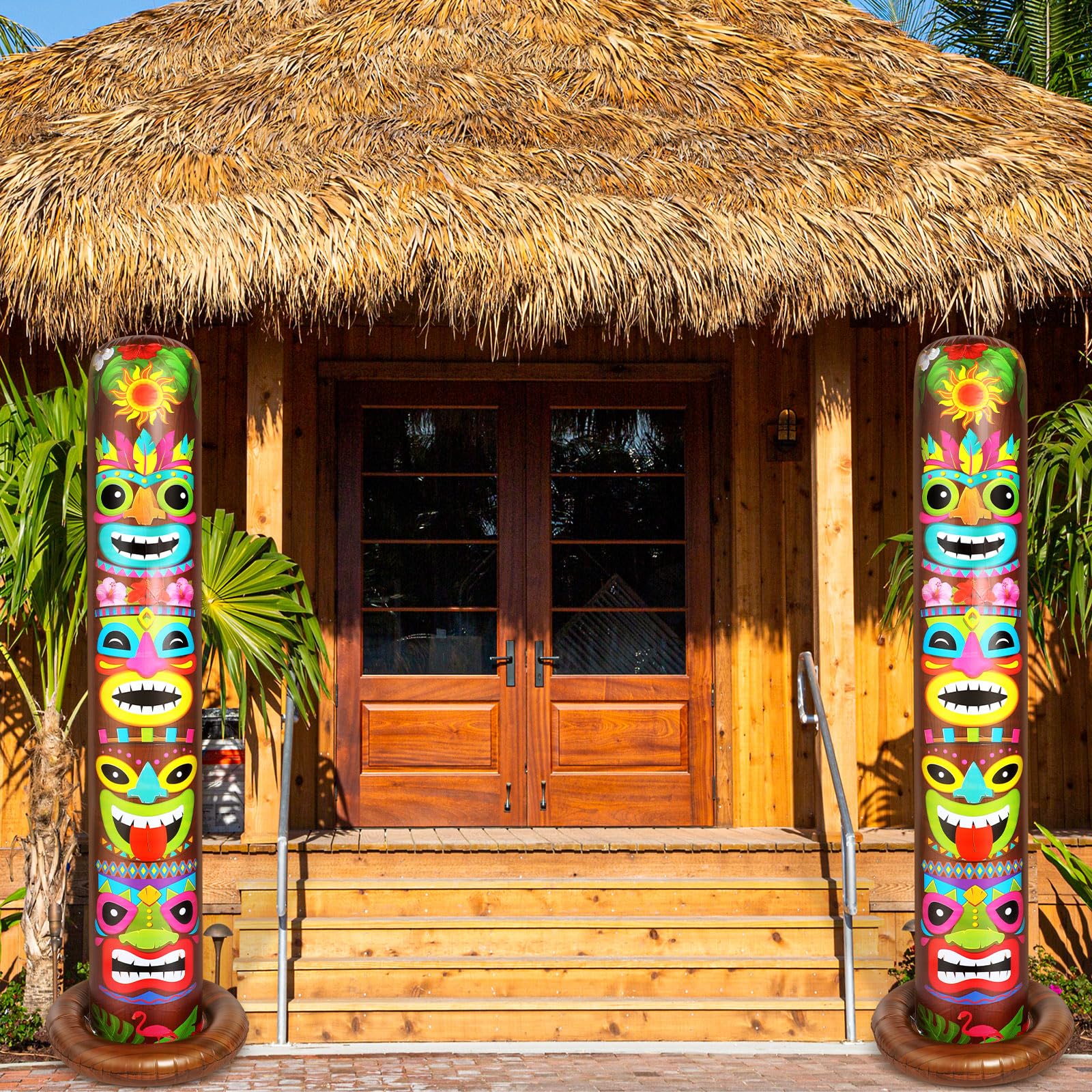 Photo 1 of Leyndo 2 Pack 6 ft Inflatable Tiki Luau Party Decorations Hawaiian Luau Tropical Inflatables Tiki Decorations Blow up Party Beach Supplies for Hawaiian Parties Bar Summer Pool Outdoor Yard Décor