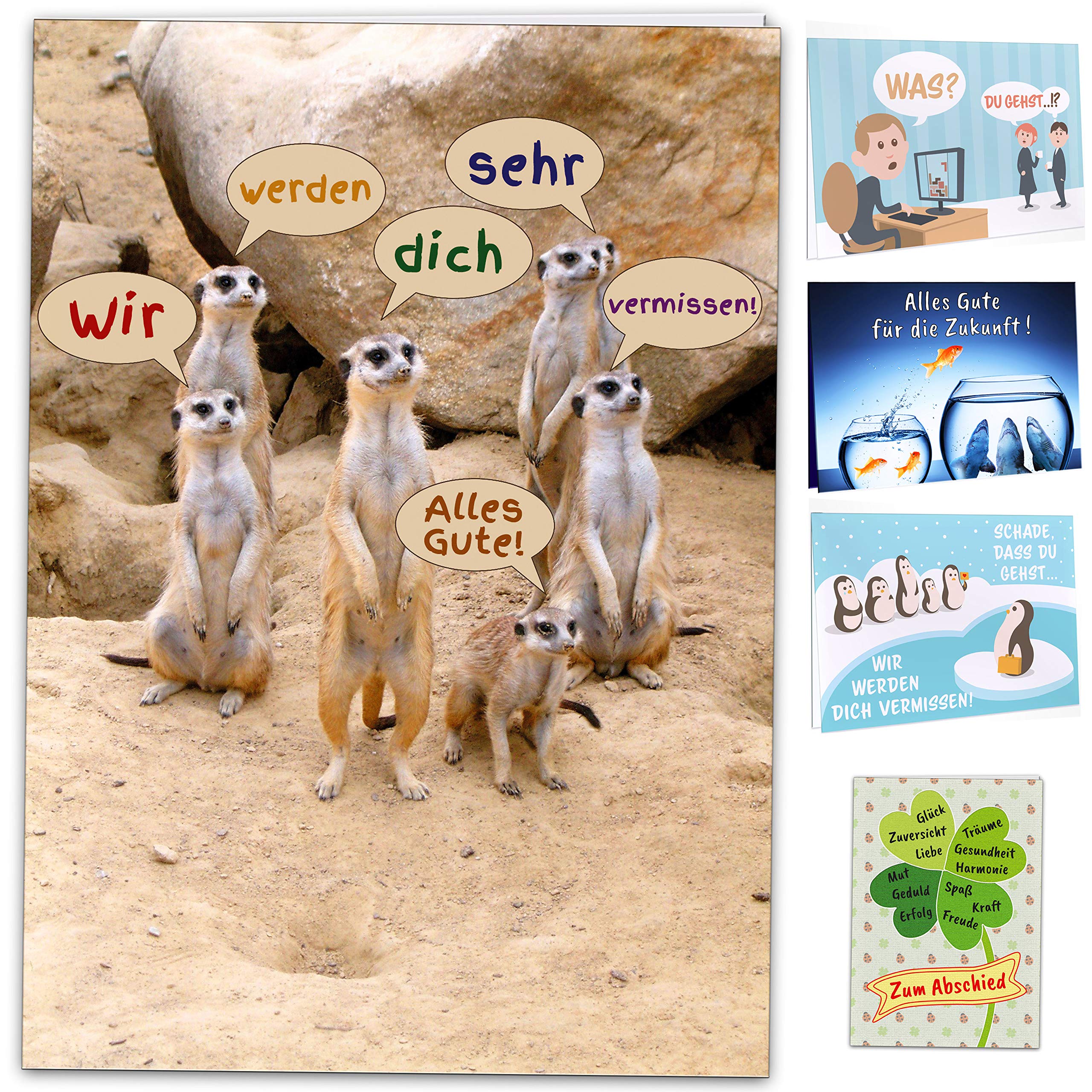 Kulinu 64749 Leaving Card for Colleagues - Leaving Gift Card Large XXL A4 Format - Funny Gift for Goodbye Job Change Retirement Pension Pension Office Staff Colleague Friends Chef DIN A4#4 Meerkats