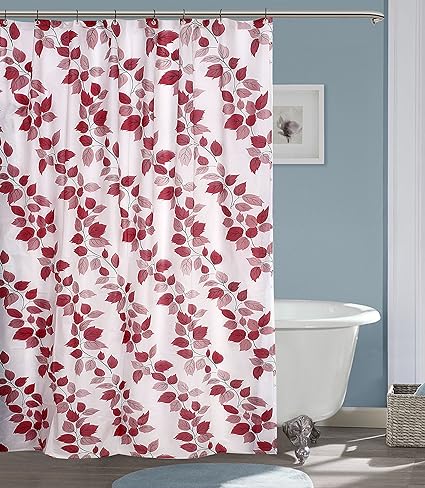 Yellow Weaves PVC Floral Shower Curtain with 8 Hooks (54x80-inches, Red)