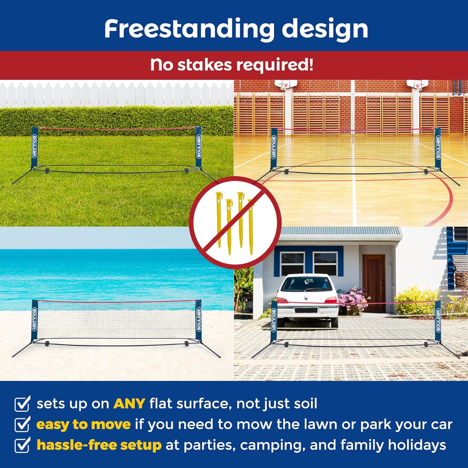 Boulder Portable Badminton Net Set - for Tennis, Soccer Tennis, Pickleball, Kids Volleyball - Easy Setup Nylon Sports Net with Poles : Sports & Outdoors