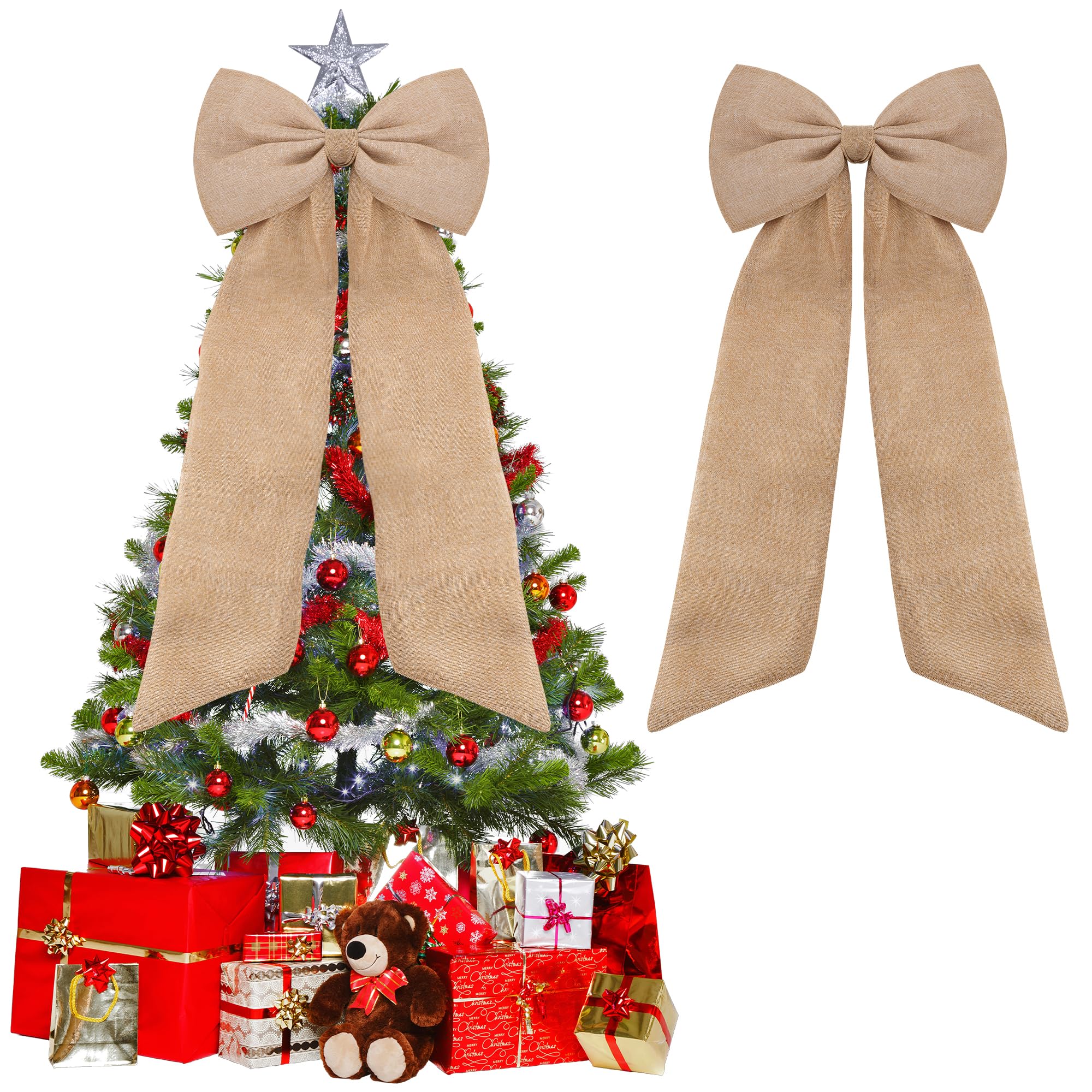 Photo 1 of 20 × 47 Inches Extra Large Burlap Bow Christmas Tree Topper Giant Bow Decoration with Long Streamers Rustic Wall Decor for Xmas Tree Home Wreath Door Holiday Birthday Party Wall (Small)