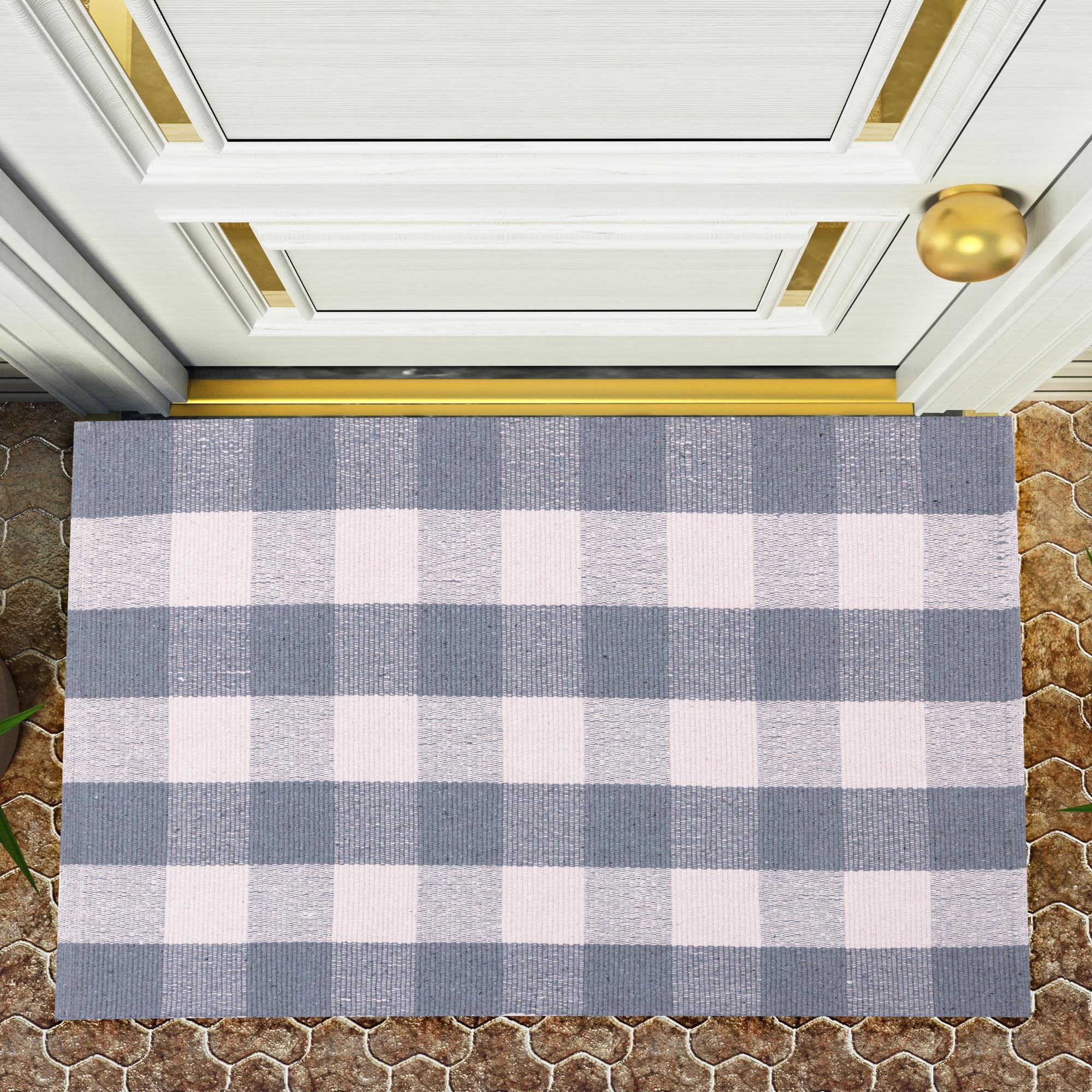 RAJRANG Handwoven Cotton Checkered Rug Grey White Buffalo Plaid Washable Floor Rug for Kitchen Bathroom Entryway Indoor Outdoor 70 x 109 cm