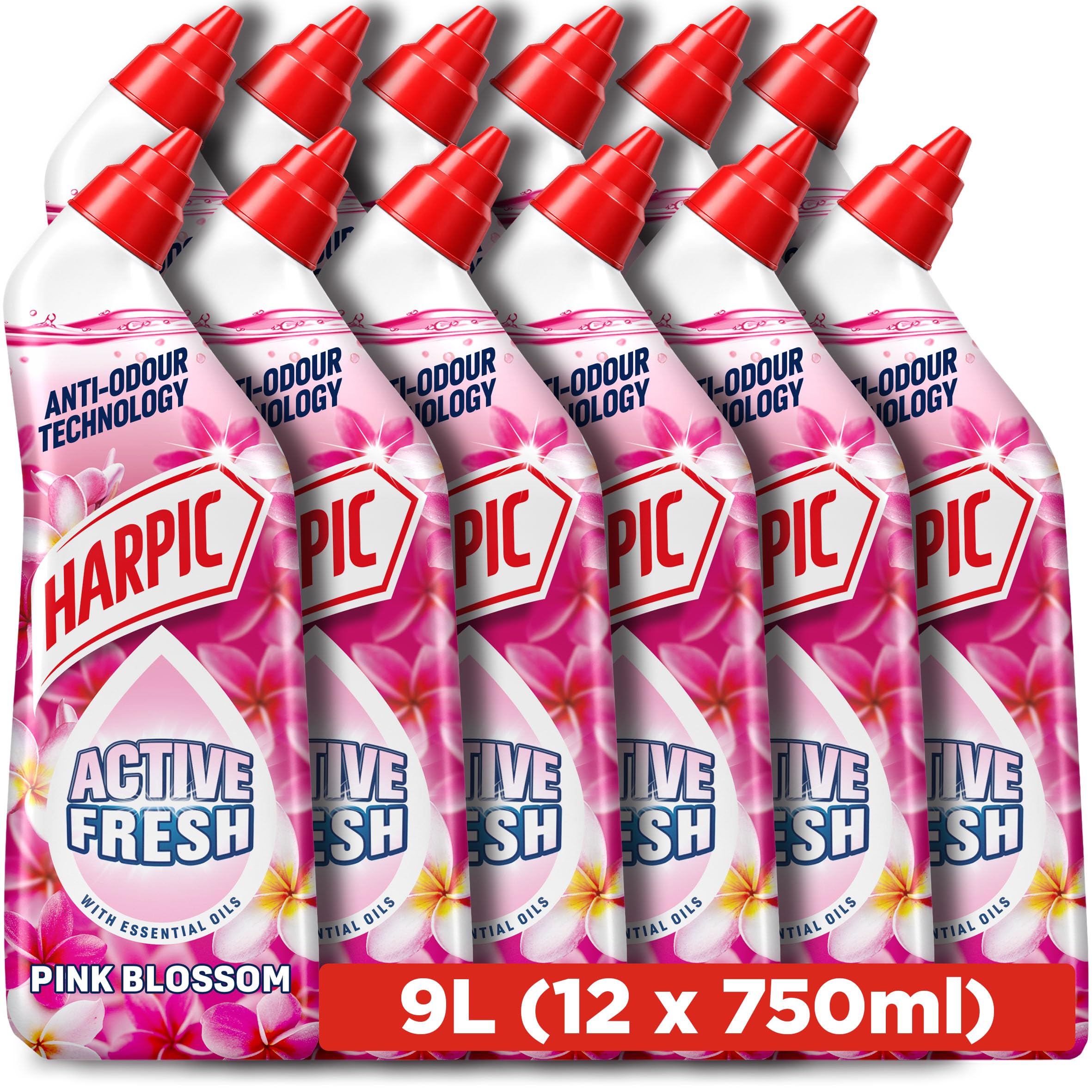 Harpic Active Fresh Toilet Cleaning Gel, Pink Blossom, 750ml (12 x 750ml, Total 9.0L), with Essential Oils, Anti-odour, Toilet Cleaner, Kills 99.9% of Bacteria