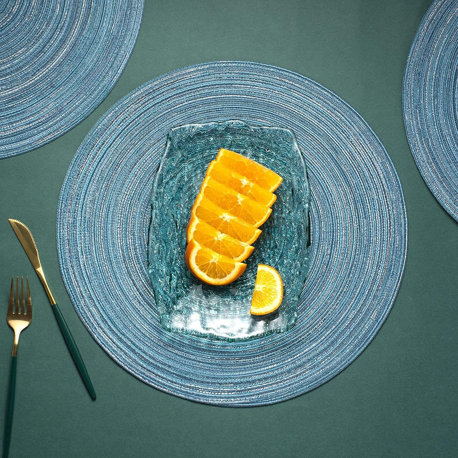 AHHFSMEI Round Placemats Set of 6 Round Braided Place mats 15 Inch Table Mats for Dining Tables Washable Heat Resistant Place mats for Party BBQ Christmas and Everyday Use (Blue Silver): Kitchen & Dining