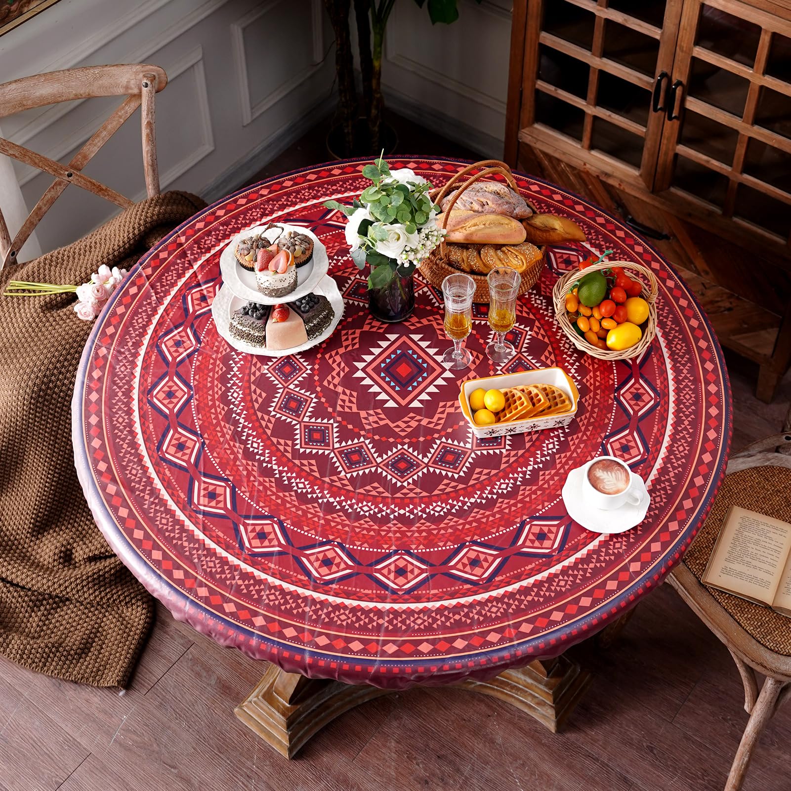 Photo 1 of Artbloss Boho Round Fitted Tablecloth with Elastic Waterproof Oli Proof Table Cover Red Printed Wipeable Vinyl Table Protector for Kitchen Picnic Camping Outdoor (Red Boho, 36"-45" Round Tight Fit)